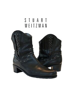 Rare Stuart Weitzman Studded Moto Cowboy Ankle Boots Black Leather 7